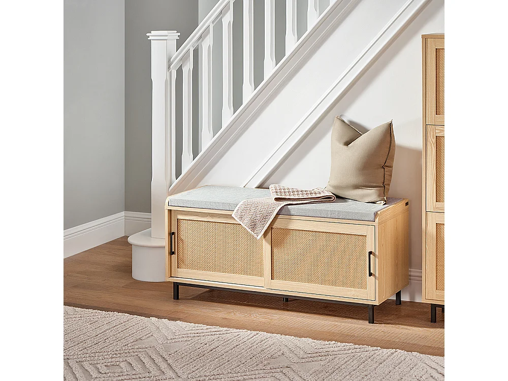 SoBuy FSR154-N Banc à Chaussures avec Coussin Rembourré, 2 Portes Coulissante et Façades Rotin Tissé