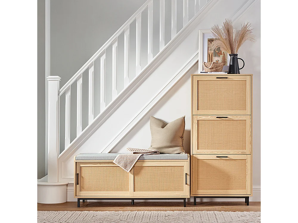 SoBuy FSR154-N Banc à Chaussures avec Coussin Rembourré, 2 Portes Coulissante et Façades Rotin Tissé