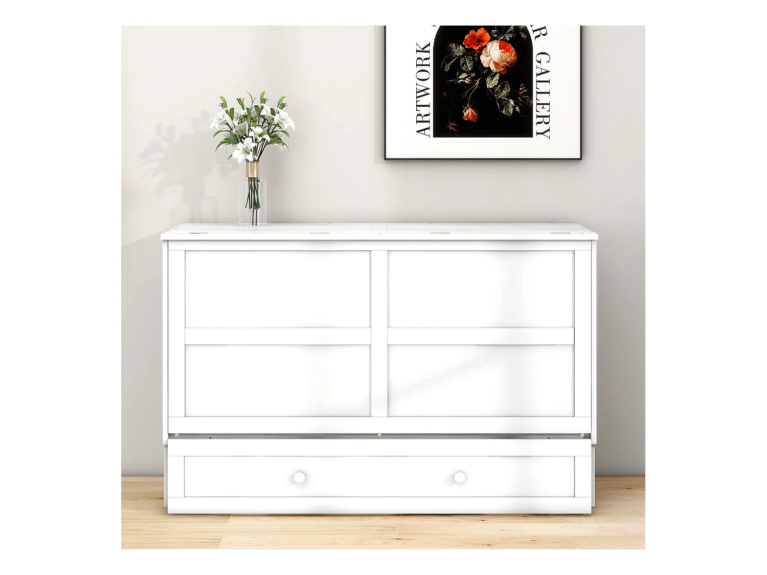 Cama Móvel Murphy - 140 x 200 cm - Cama Conversível - Gavetas e Prateleira - Pinho e MDF - Branco