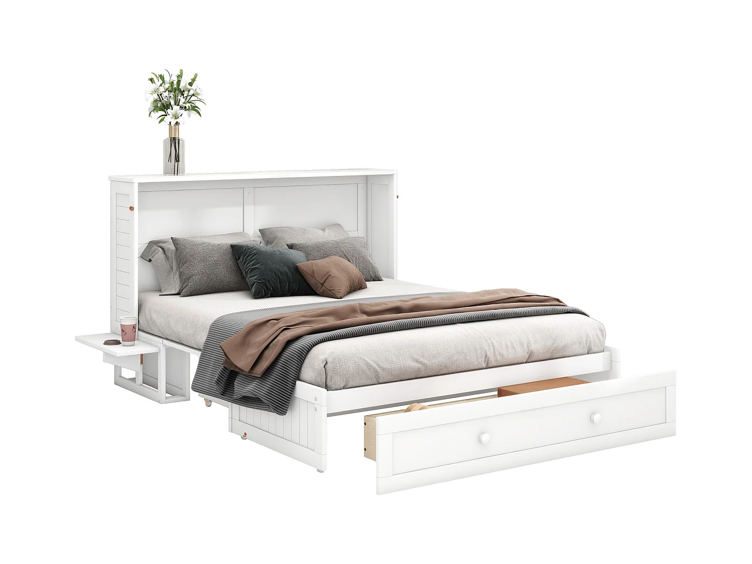 Cama Móvel Murphy - 140 x 200 cm - Cama Conversível - Gavetas e Prateleira - Pinho e MDF - Branco