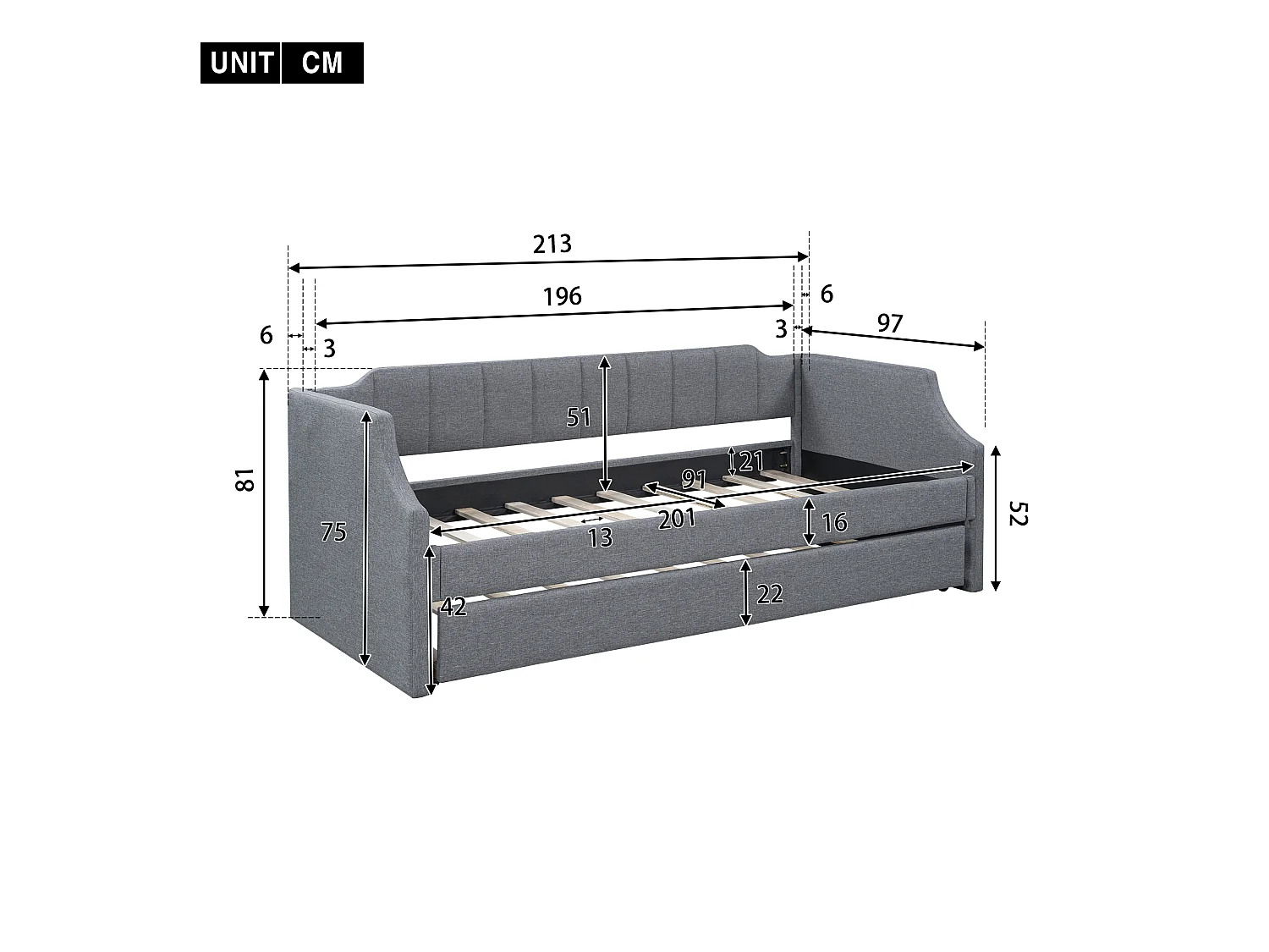 Cama com gavetão 90 x 200 cm e 90 x 190 cm - tecido de linho - base de ripas - cor cinza