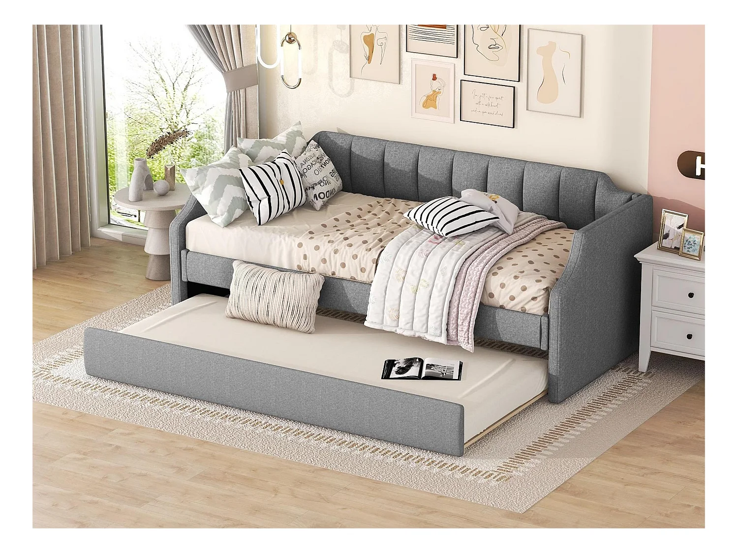 Lit gigogne 90 x 200 cm et 90 x 190 cm - tissu lin - sommier à lattes - coloris gris