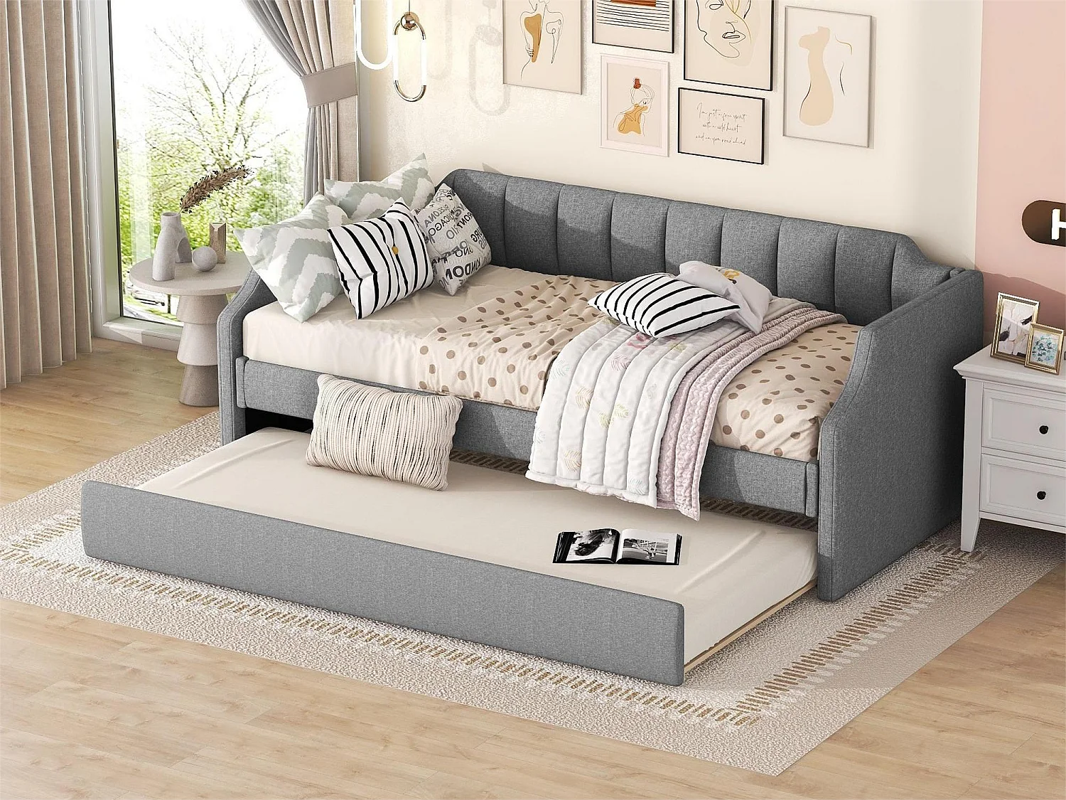 Onderschuifbed 90 x 200 cm en 90 x 190 cm - linnen stof - lattenbodem - kleur grijs