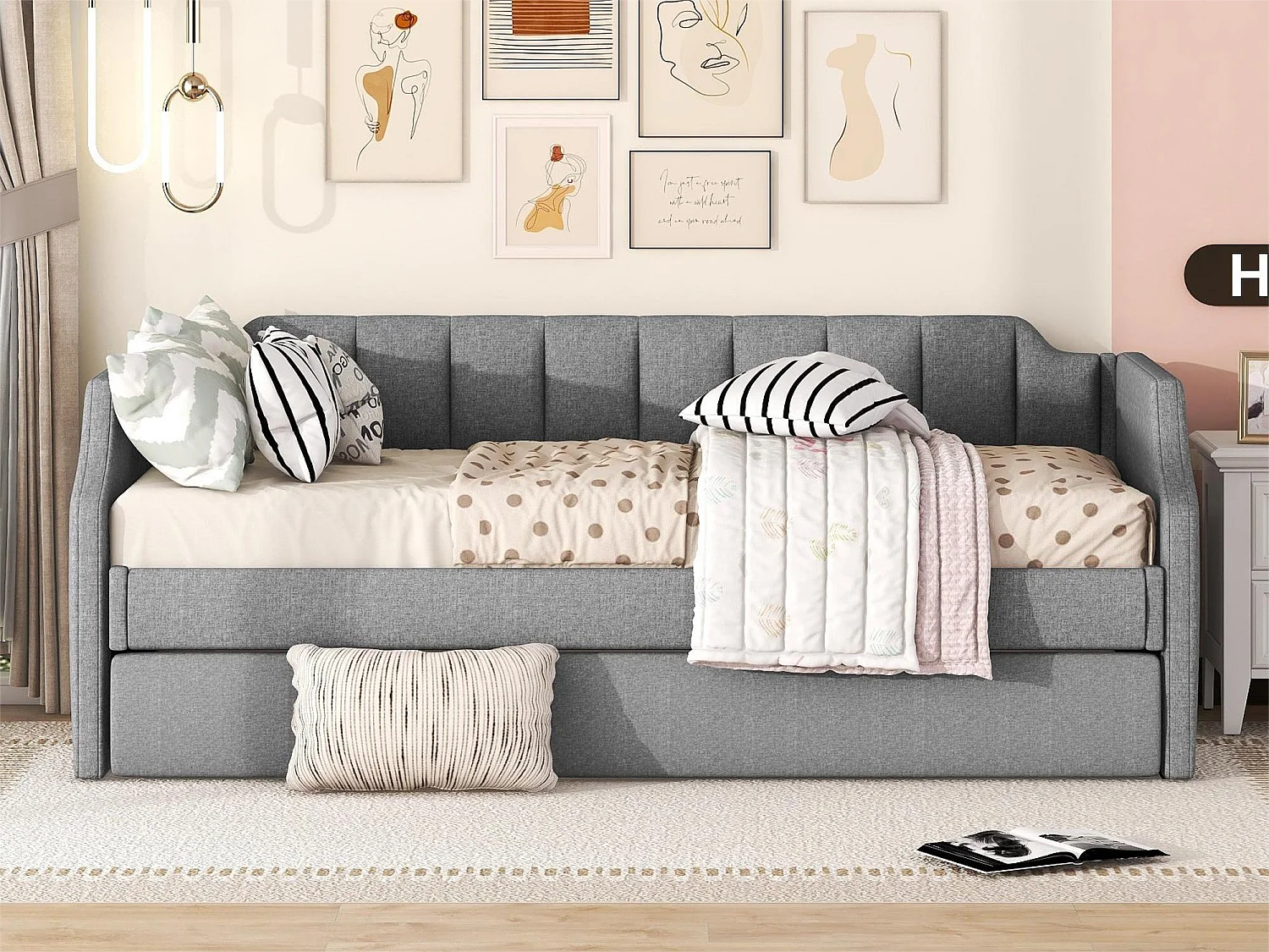 Onderschuifbed 90 x 200 cm en 90 x 190 cm - linnen stof - lattenbodem - kleur grijs