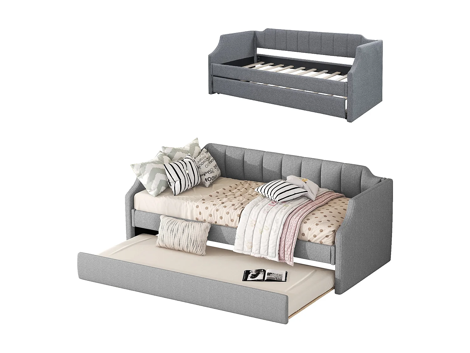 Onderschuifbed 90 x 200 cm en 90 x 190 cm - linnen stof - lattenbodem - kleur grijs