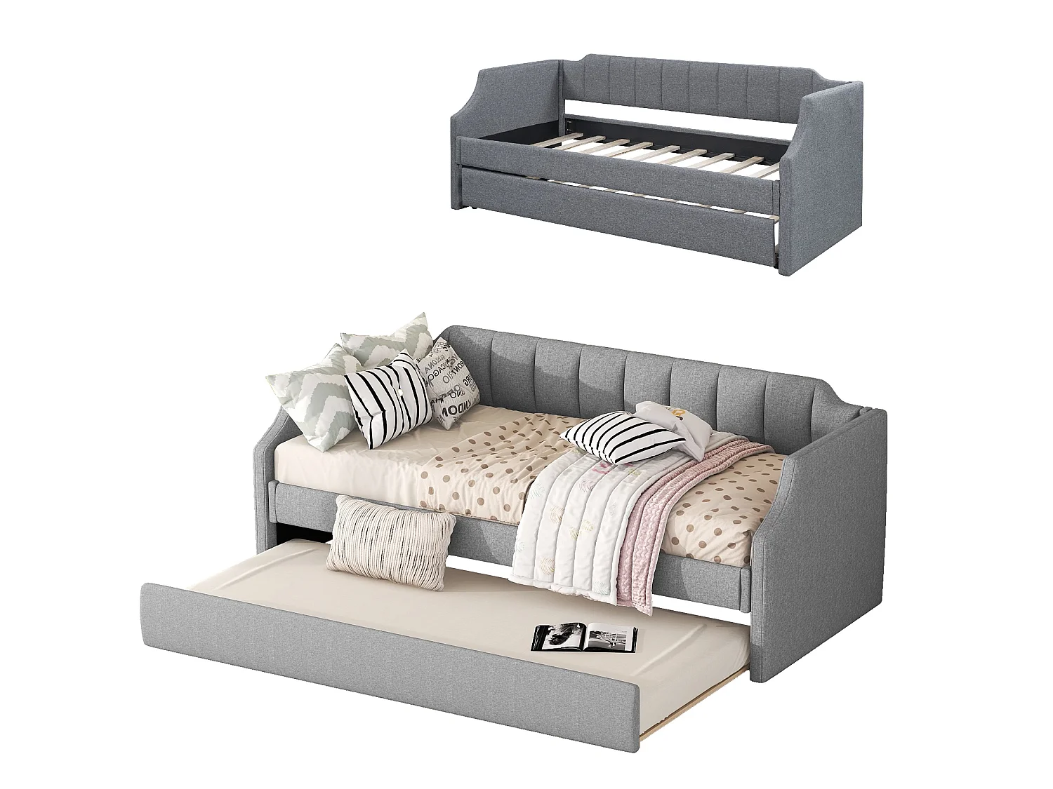 Łóżko wysuwane 90 x 200 cm i 90 x 190 cm - tkanina lniana - stelaż z listew - kolor szary