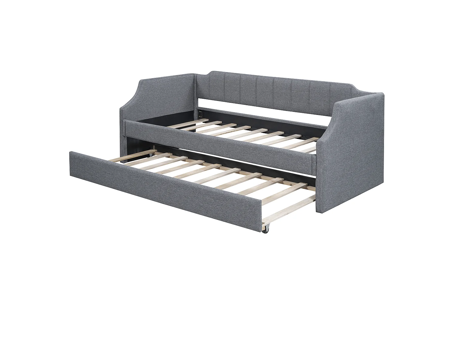 Łóżko wysuwane 90 x 200 cm i 90 x 190 cm - tkanina lniana - stelaż z listew - kolor szary