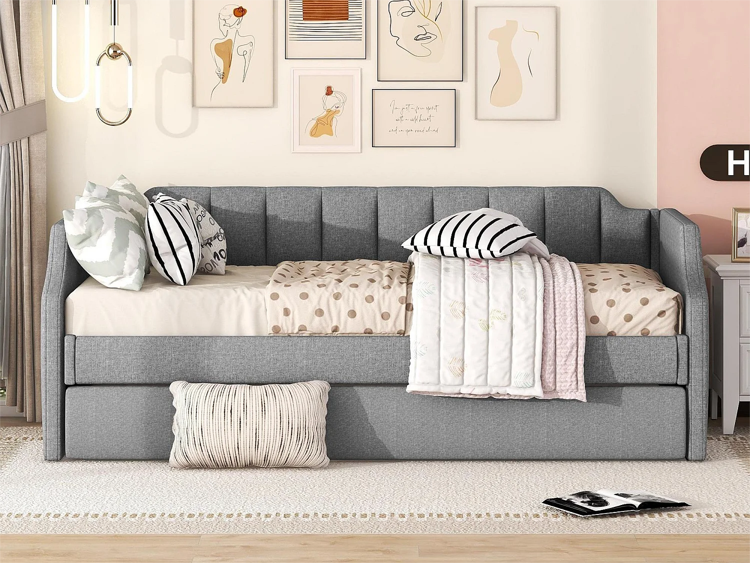 Lit gigogne 90 x 200 cm et 90 x 190 cm - tissu lin - sommier à lattes - coloris gris