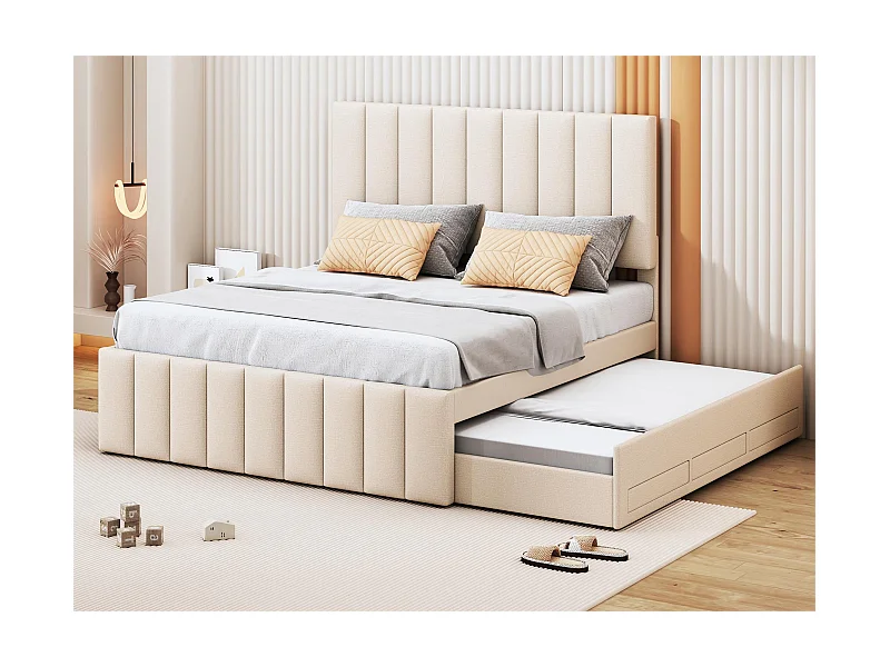 Ausziehbett 140 x 200 cm + 90 x 190 cm – 3 Schubladen – Leinenstoff – Lattenrost – Beige