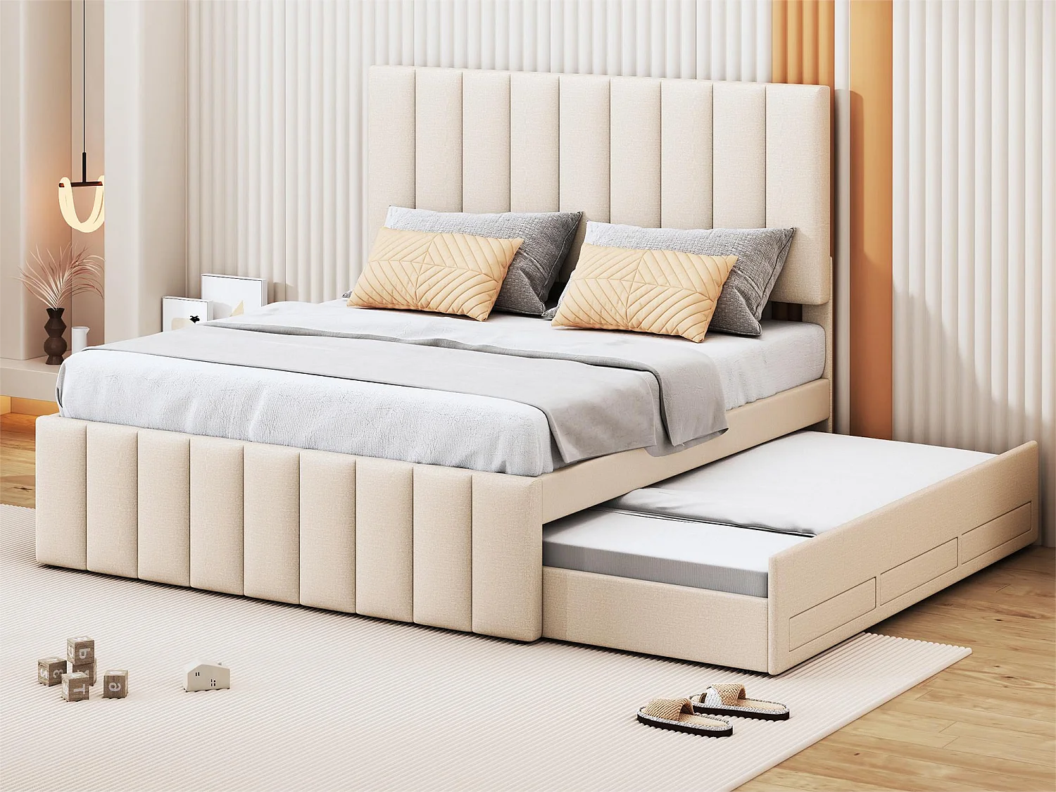 Letto estraibile 140 x 200 cm + 90 x 190 cm - 3 cassetti - tessuto di lino - rete a doghe - beige
