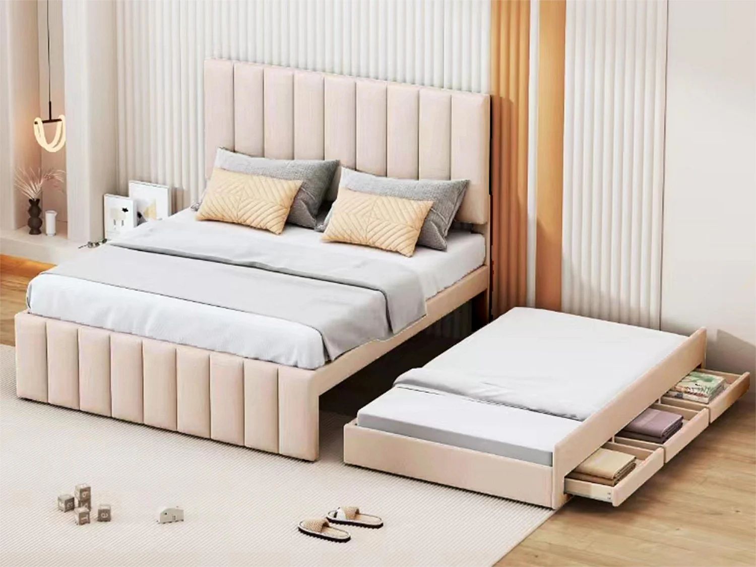 Letto estraibile 140 x 200 cm + 90 x 190 cm - 3 cassetti - tessuto di lino - rete a doghe - beige