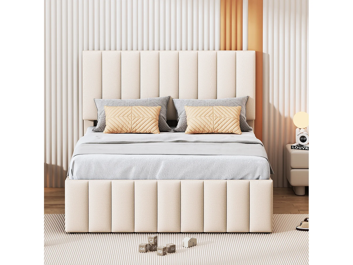 Letto estraibile 140 x 200 cm + 90 x 190 cm - 3 cassetti - tessuto di lino - rete a doghe - beige