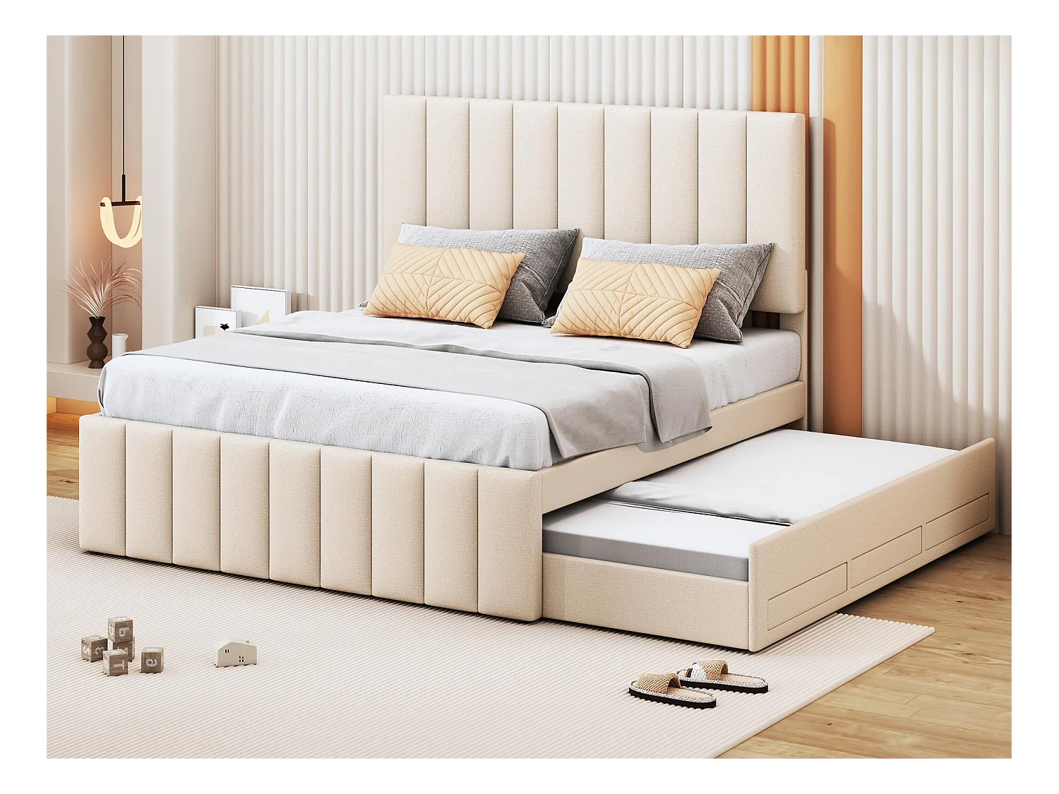 Lit gigogne 140 x 200 cm + 90 x 190 cm - 3 tiroirs - tissu lin - sommier à lattes - beige