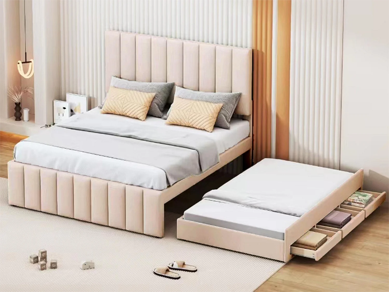 Lit gigogne 140 x 200 cm + 90 x 190 cm - 3 tiroirs - tissu lin - sommier à lattes - beige