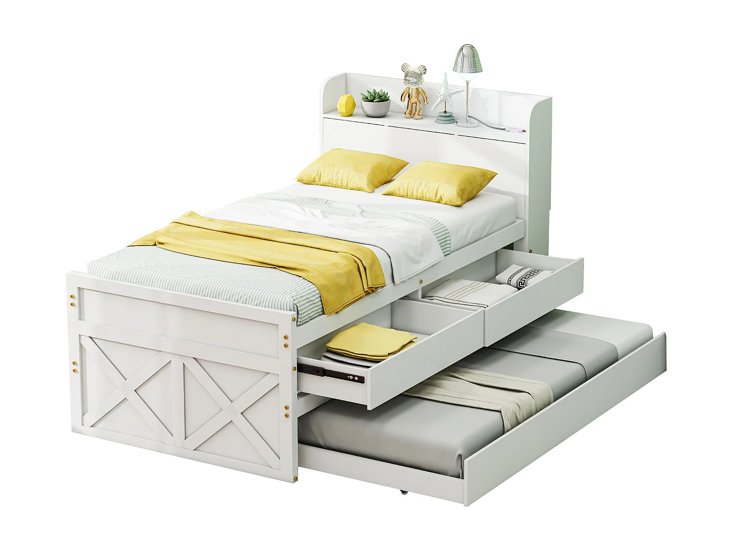 Cama com gavetão com 2 gavetas - 90 x 190 cm - prateleiras de arrumação e tomada USB - madeira maciça - branco