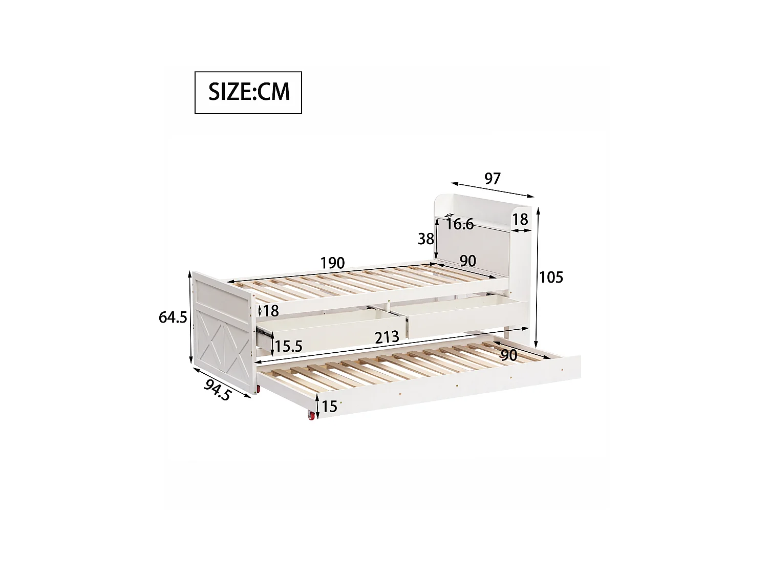 Cama com gavetão com 2 gavetas - 90 x 190 cm - prateleiras de arrumação e tomada USB - madeira maciça - branco
