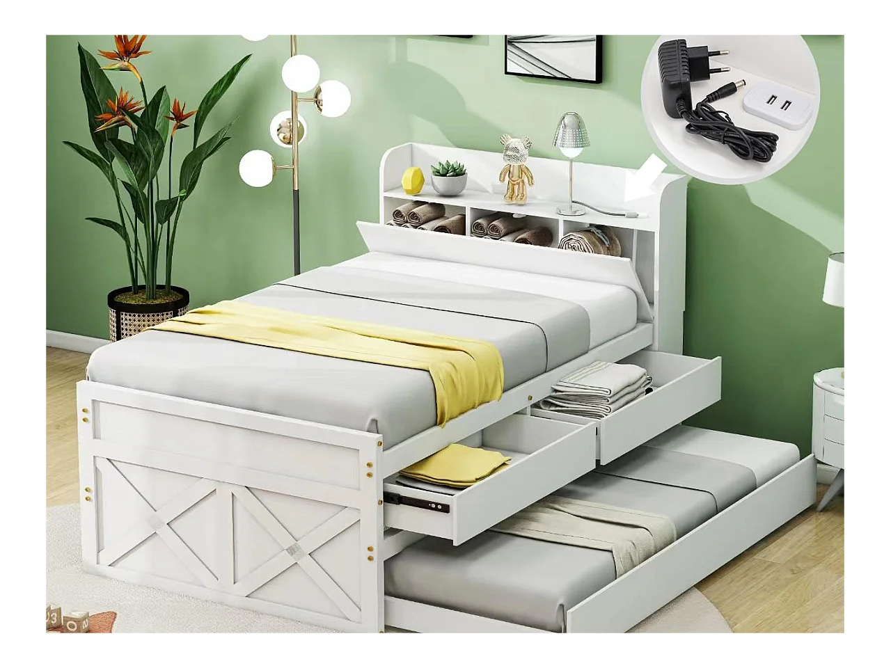 Lit gigogne avec 2 tiroirs - 90 x 190 cm - étagères de rangement et prise USB - bois massif -blanc