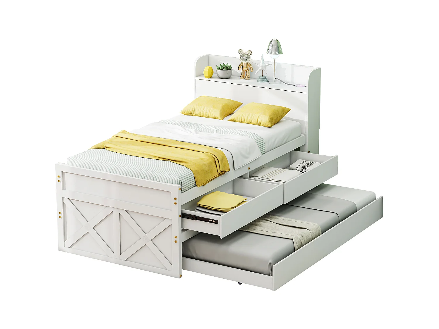 Letto estraibile con 2 cassetti - 90 x 190 cm - ripiani portaoggetti e presa USB - legno massiccio - bianco