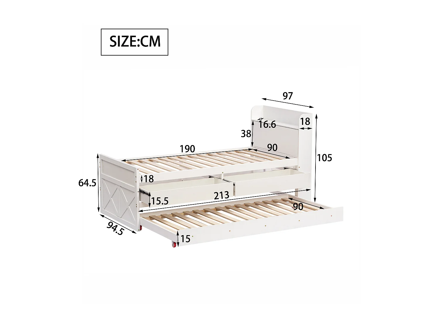 Onderschuifbed met 2 laden - 90 x 190 cm - opbergplanken en USB-aansluiting - massief hout - wit