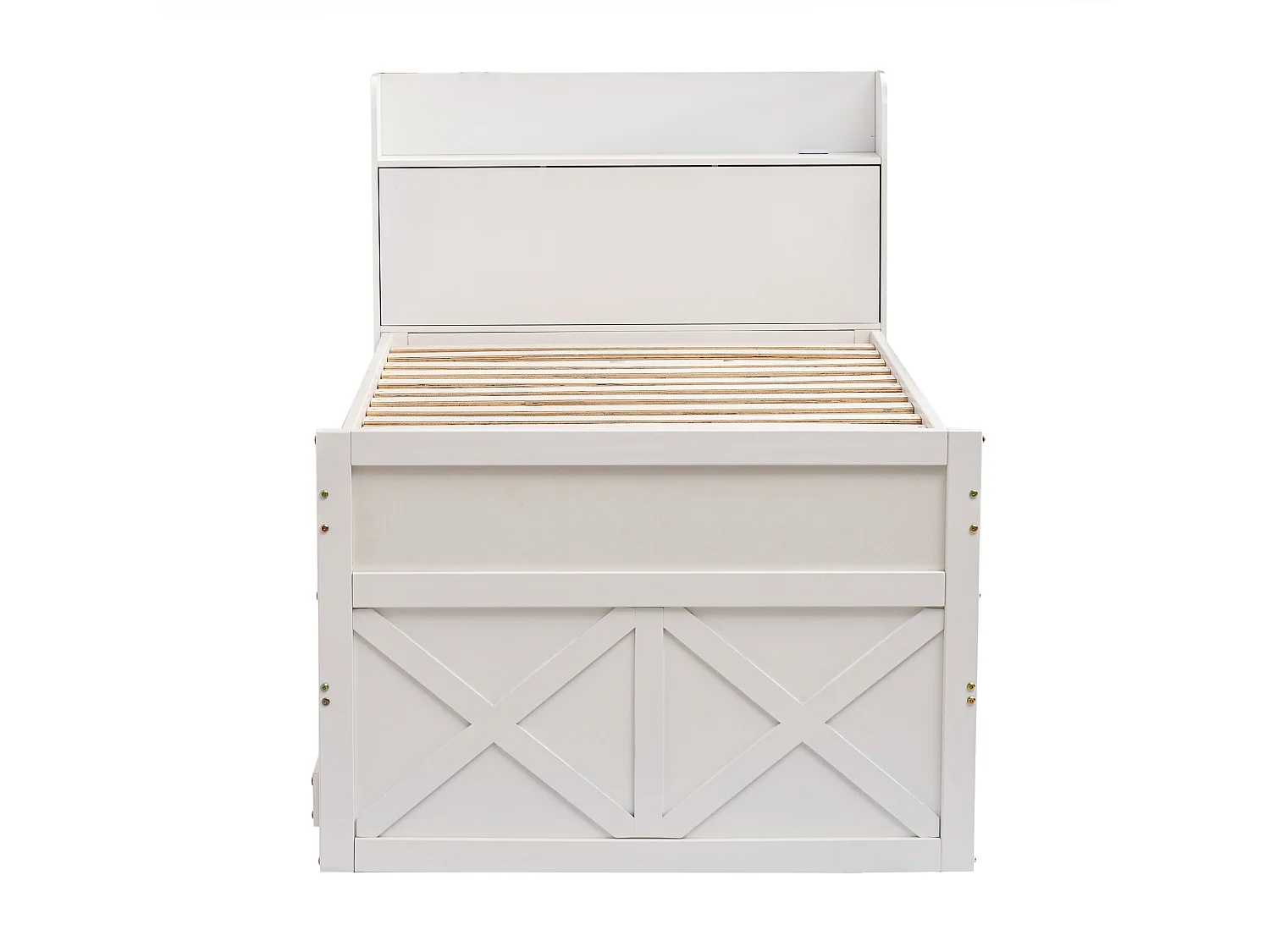 Onderschuifbed met 2 laden - 90 x 190 cm - opbergplanken en USB-aansluiting - massief hout - wit