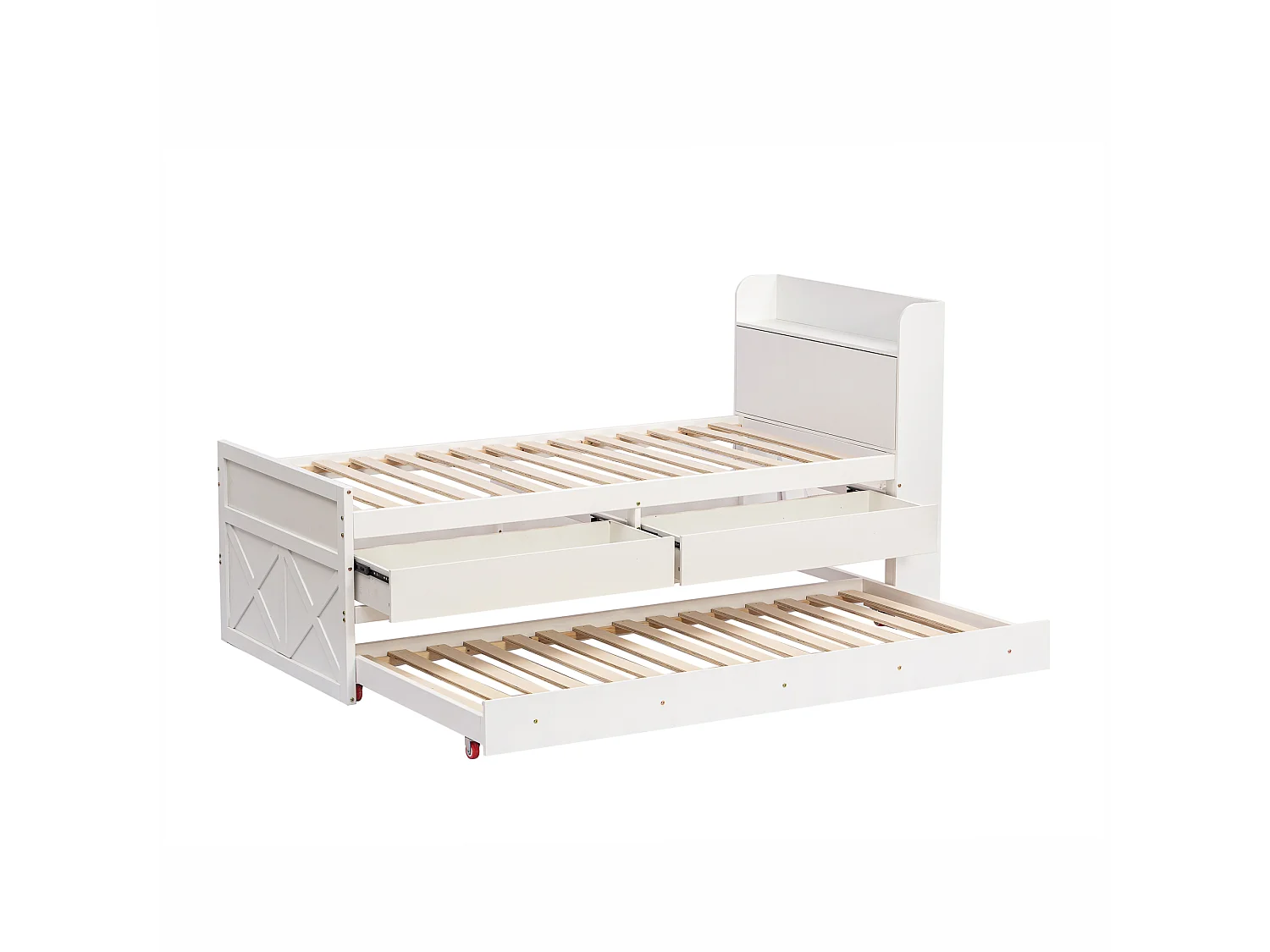 Onderschuifbed met 2 laden - 90 x 190 cm - opbergplanken en USB-aansluiting - massief hout - wit