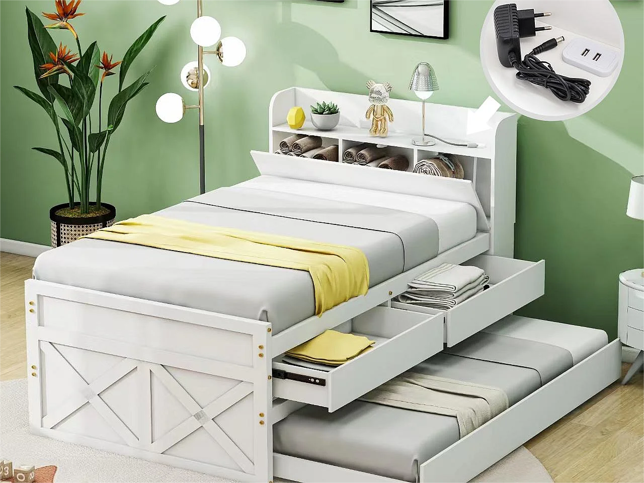 Cama com gavetão com 2 gavetas - 90 x 190 cm - prateleiras de arrumação e tomada USB - madeira maciça - branco