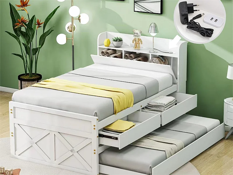 Rollbett mit 2 Schubladen – 90 x 190 cm – Ablagen und USB-Anschluss – Massivholz – Weiß