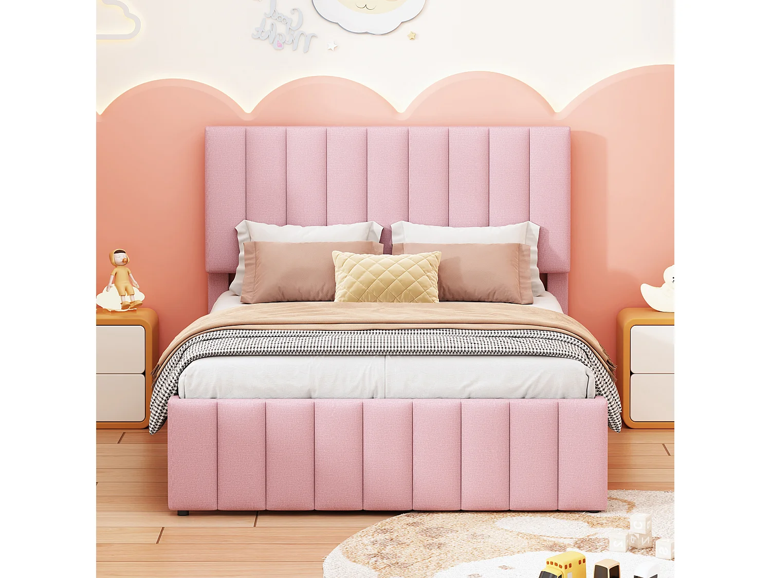 Lit gigogne 140 x 200 cm + 90 x 190 cm - 3 tiroirs - tissu lin - sommier à lattes - rose