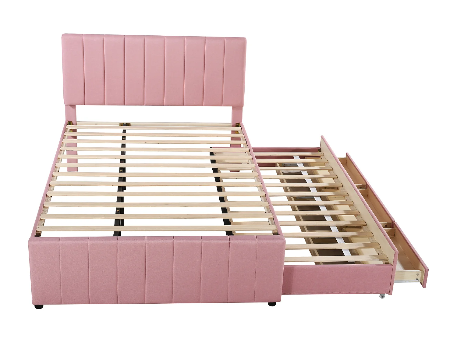 Lit gigogne 140 x 200 cm + 90 x 190 cm - 3 tiroirs - tissu lin - sommier à lattes - rose