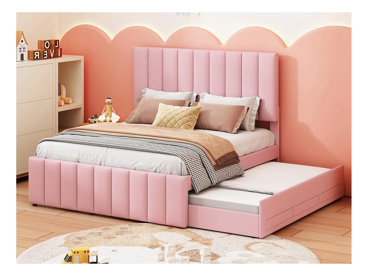Lit gigogne 140 x 200 cm + 90 x 190 cm - 3 tiroirs - tissu lin - sommier à lattes - rose