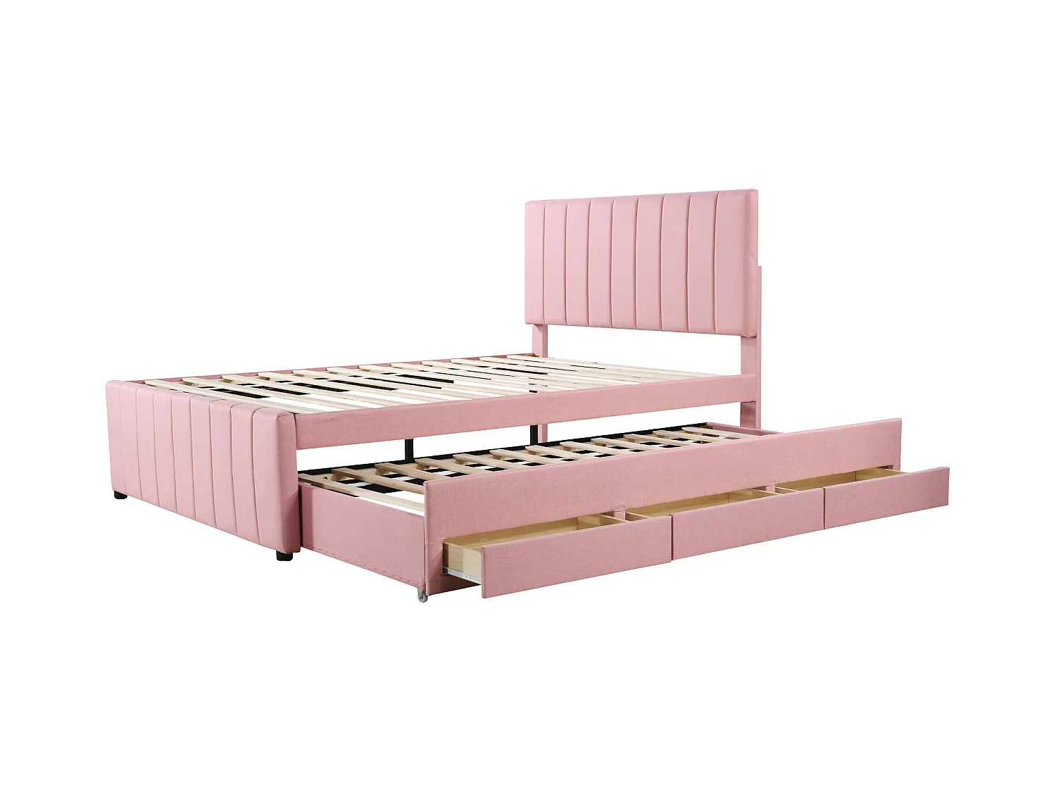 Lit gigogne 140 x 200 cm + 90 x 190 cm - 3 tiroirs - tissu lin - sommier à lattes - rose