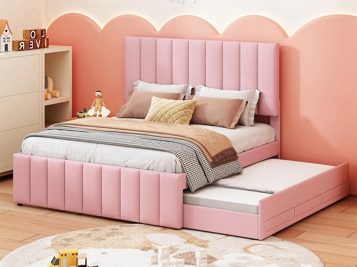 Lit gigogne 140 x 200 cm + 90 x 190 cm - 3 tiroirs - tissu lin - sommier à lattes - rose