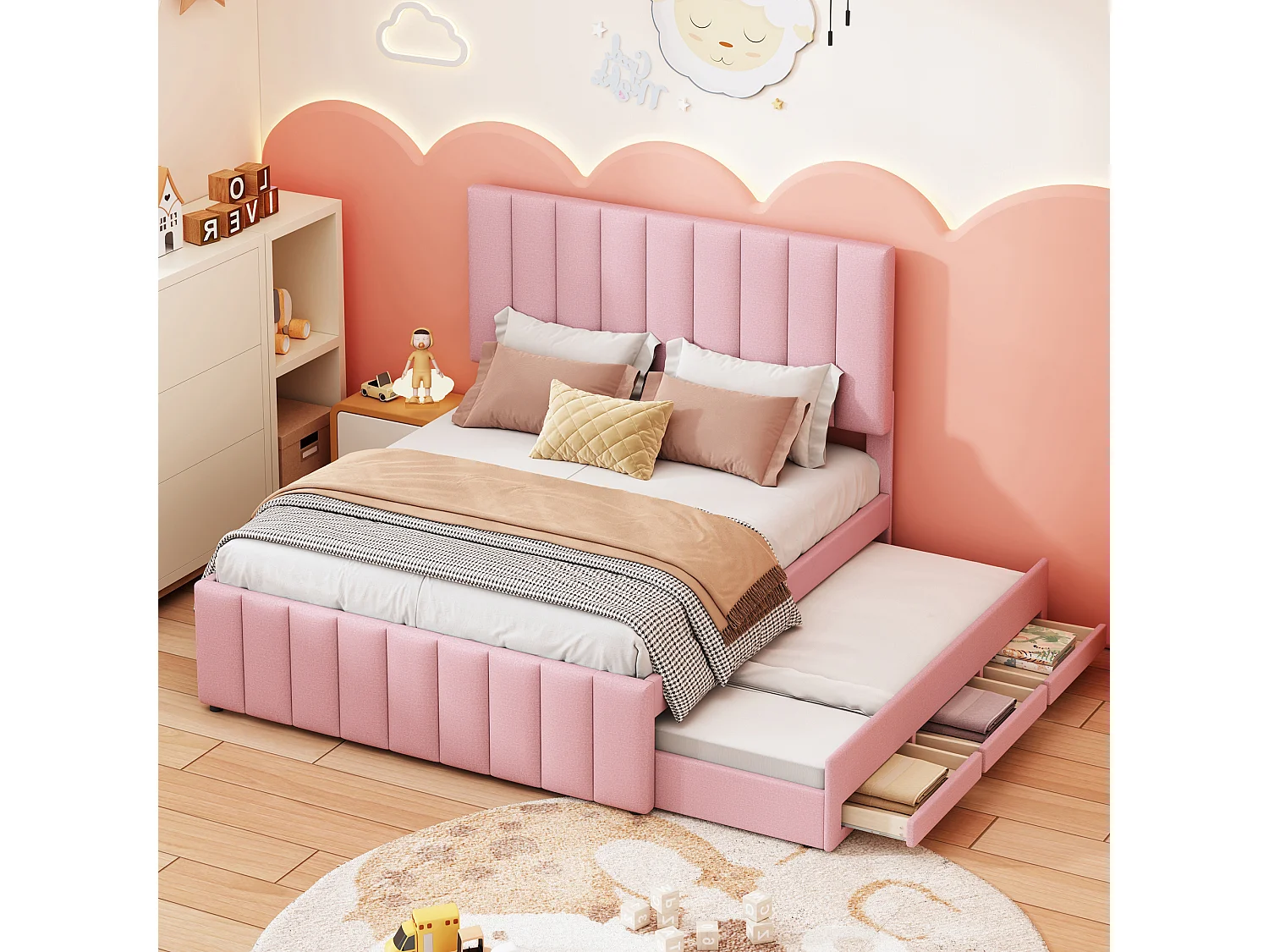 Lit gigogne 140 x 200 cm + 90 x 190 cm - 3 tiroirs - tissu lin - sommier à lattes - rose