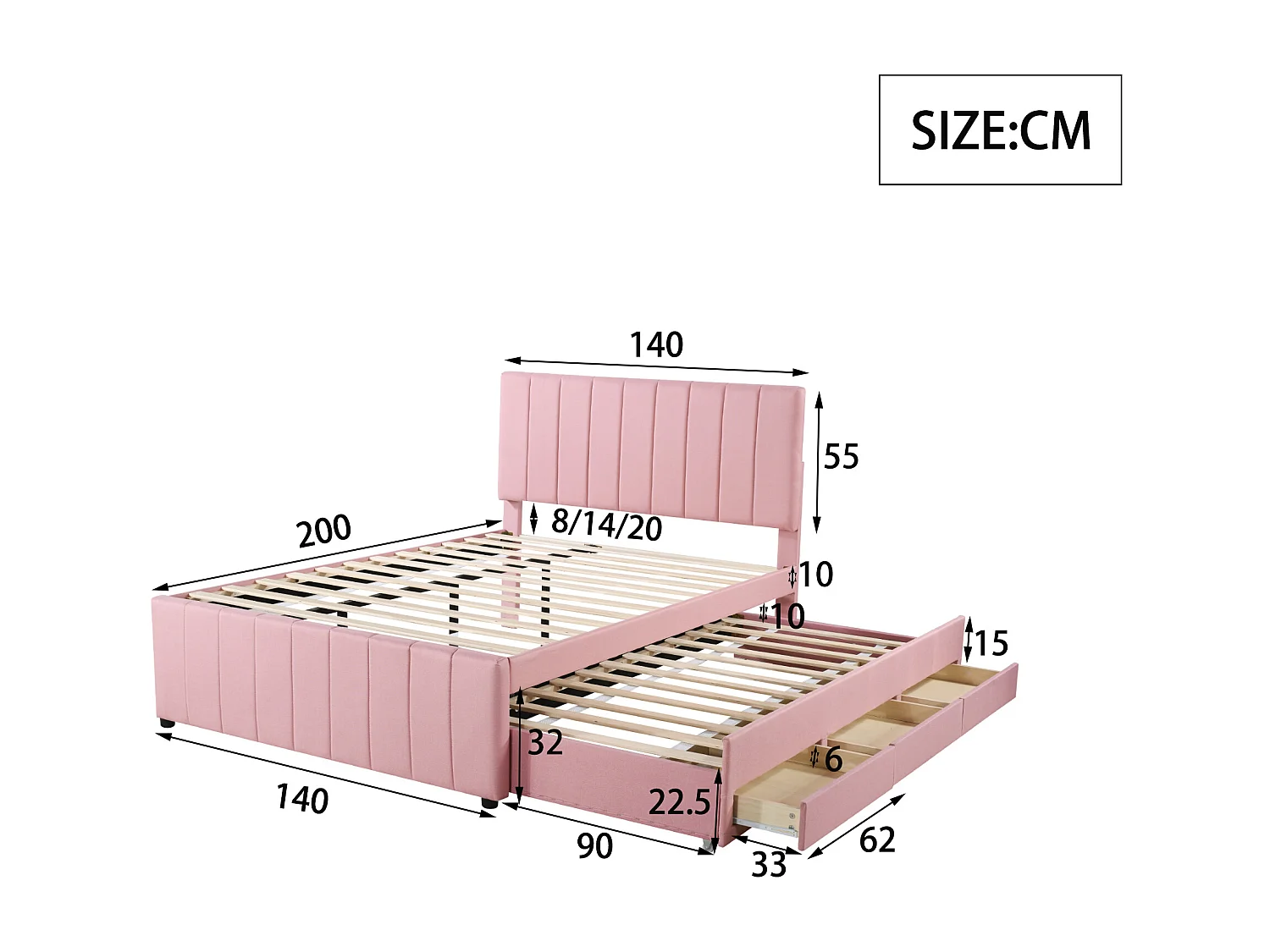 Lit gigogne 140 x 200 cm + 90 x 190 cm - 3 tiroirs - tissu lin - sommier à lattes - rose
