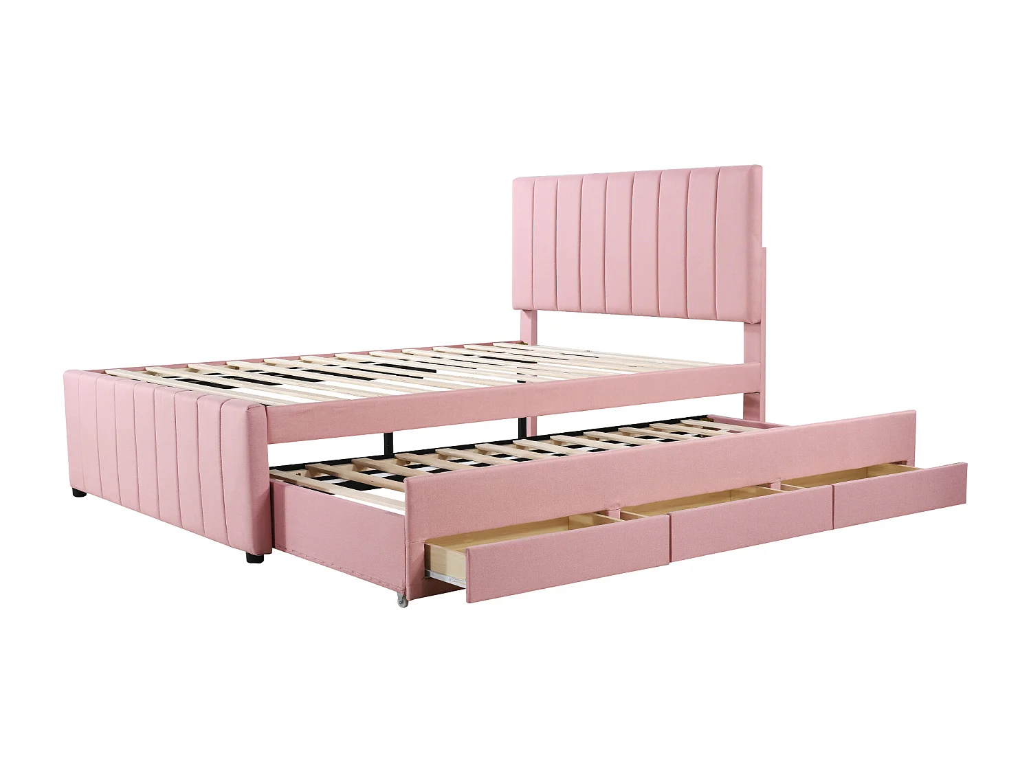 Lit gigogne 140 x 200 cm + 90 x 190 cm - 3 tiroirs - tissu lin - sommier à lattes - rose