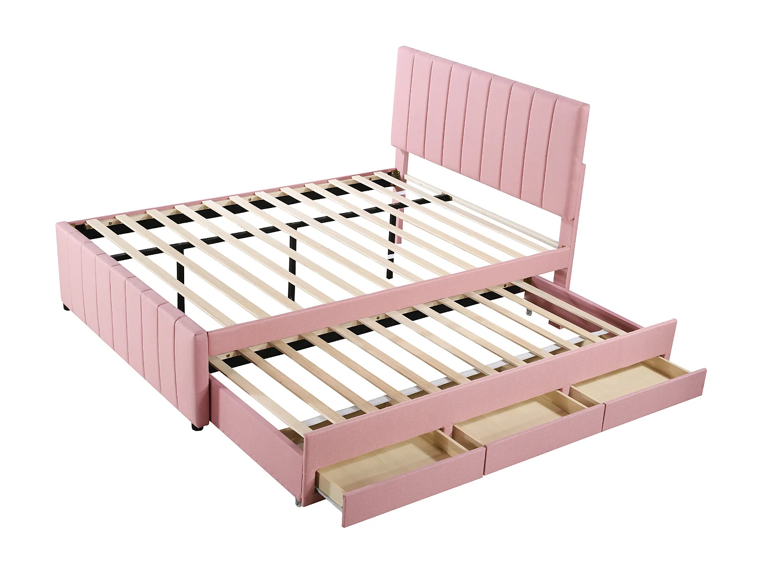 Lit gigogne 140 x 200 cm + 90 x 190 cm - 3 tiroirs - tissu lin - sommier à lattes - rose