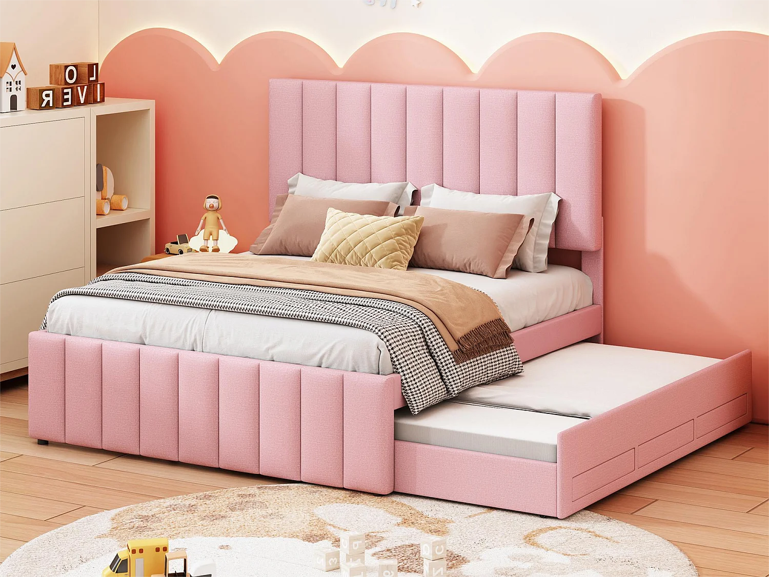 Lit gigogne 140 x 200 cm + 90 x 190 cm - 3 tiroirs - tissu lin - sommier à lattes - rose