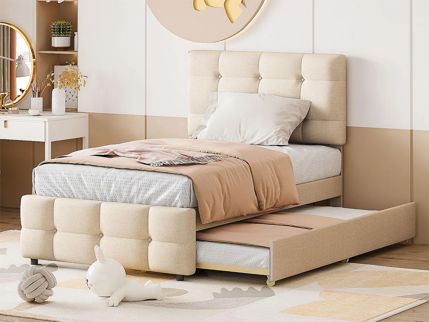 Ausziehbett 90 x 190/200 cm – verstellbares Kopfteil – Leinenstoff – für Kinder – Beige