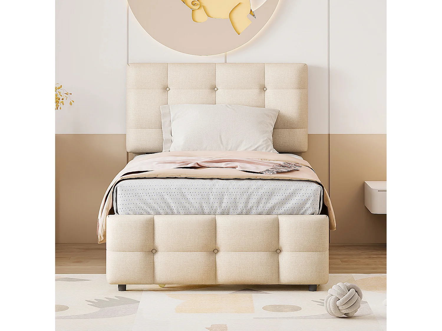 Ausziehbett 90 x 190/200 cm – verstellbares Kopfteil – Leinenstoff – für Kinder – Beige