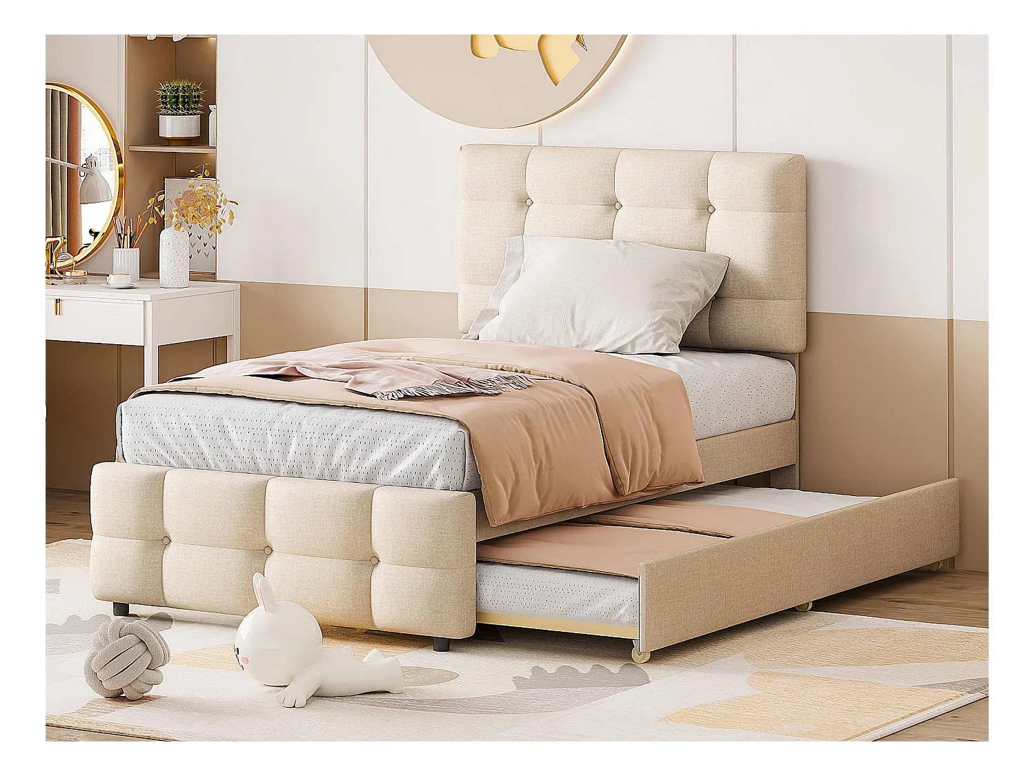 Lit gigogne 90 x 190/200 cm - tête de lit réglable - tissu lin - pour enfants - beige