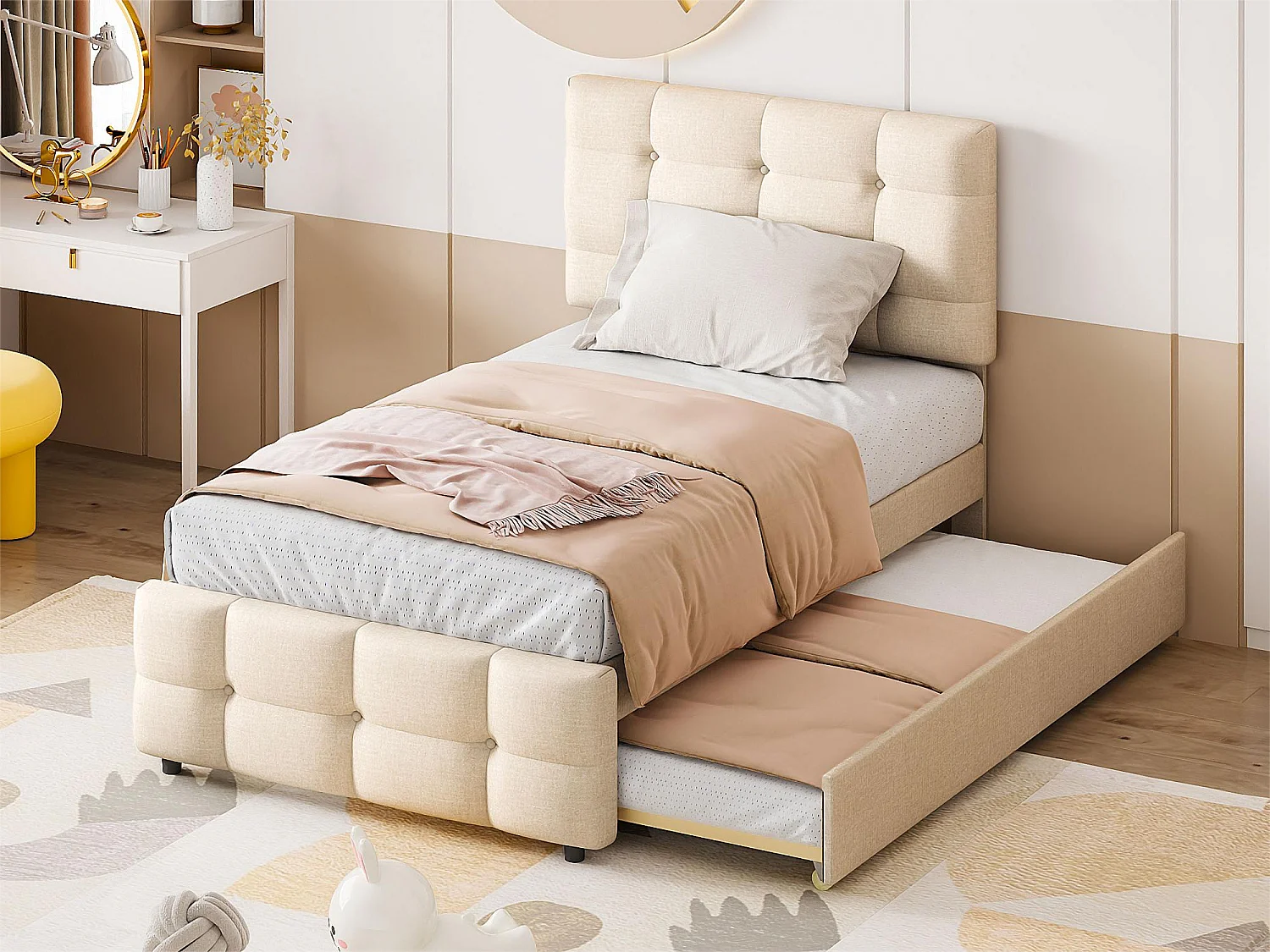 Lit gigogne 90 x 190/200 cm - tête de lit réglable - tissu lin - pour enfants - beige