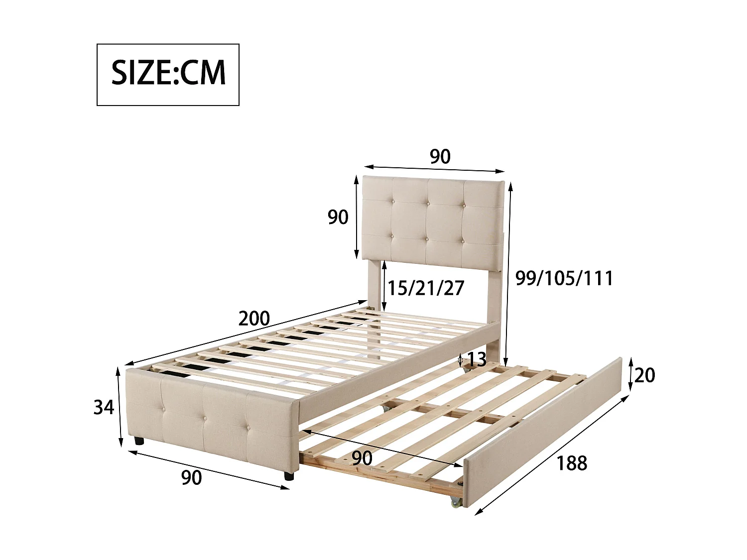 Lit gigogne 90 x 190/200 cm - tête de lit réglable - tissu lin - pour enfants - beige