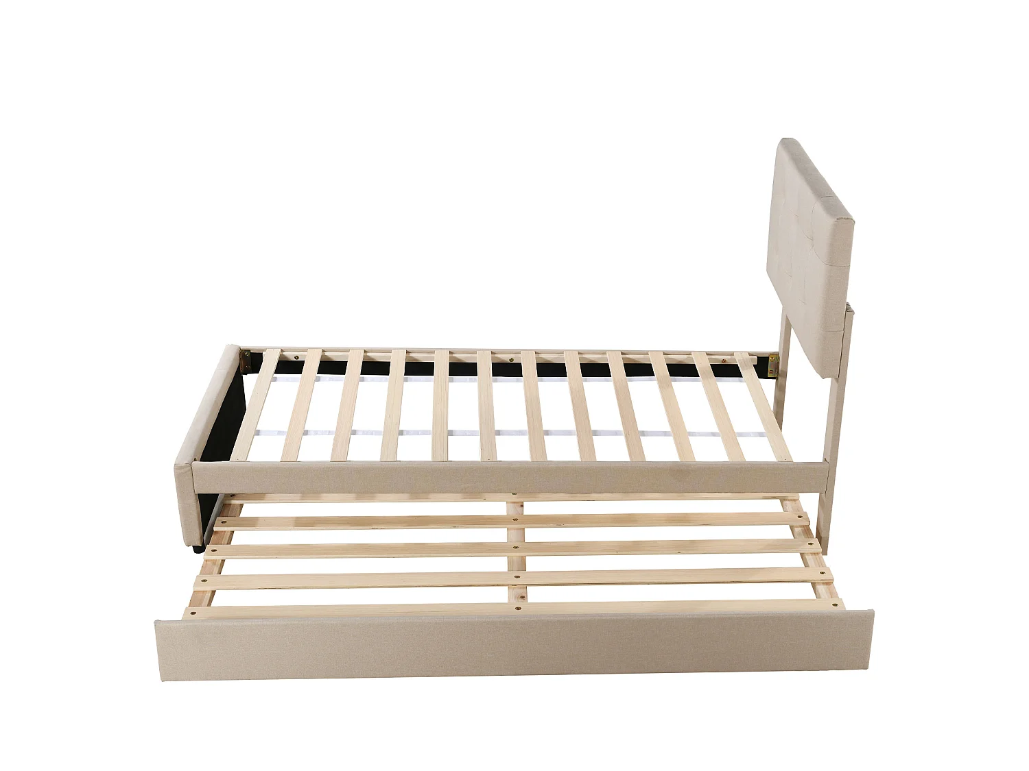 Lit gigogne 90 x 190/200 cm - tête de lit réglable - tissu lin - pour enfants - beige