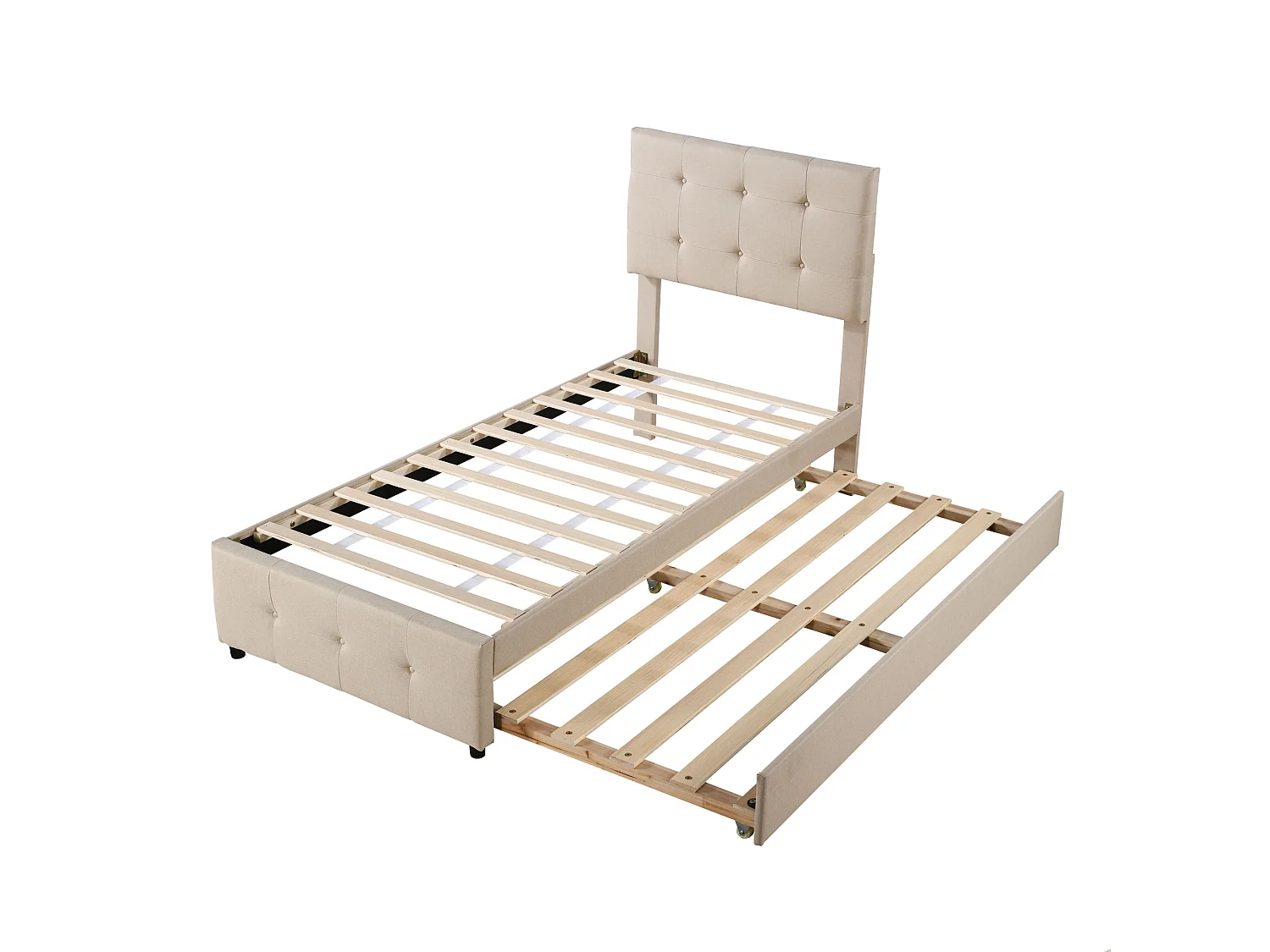 Lit gigogne 90 x 190/200 cm - tête de lit réglable - tissu lin - pour enfants - beige