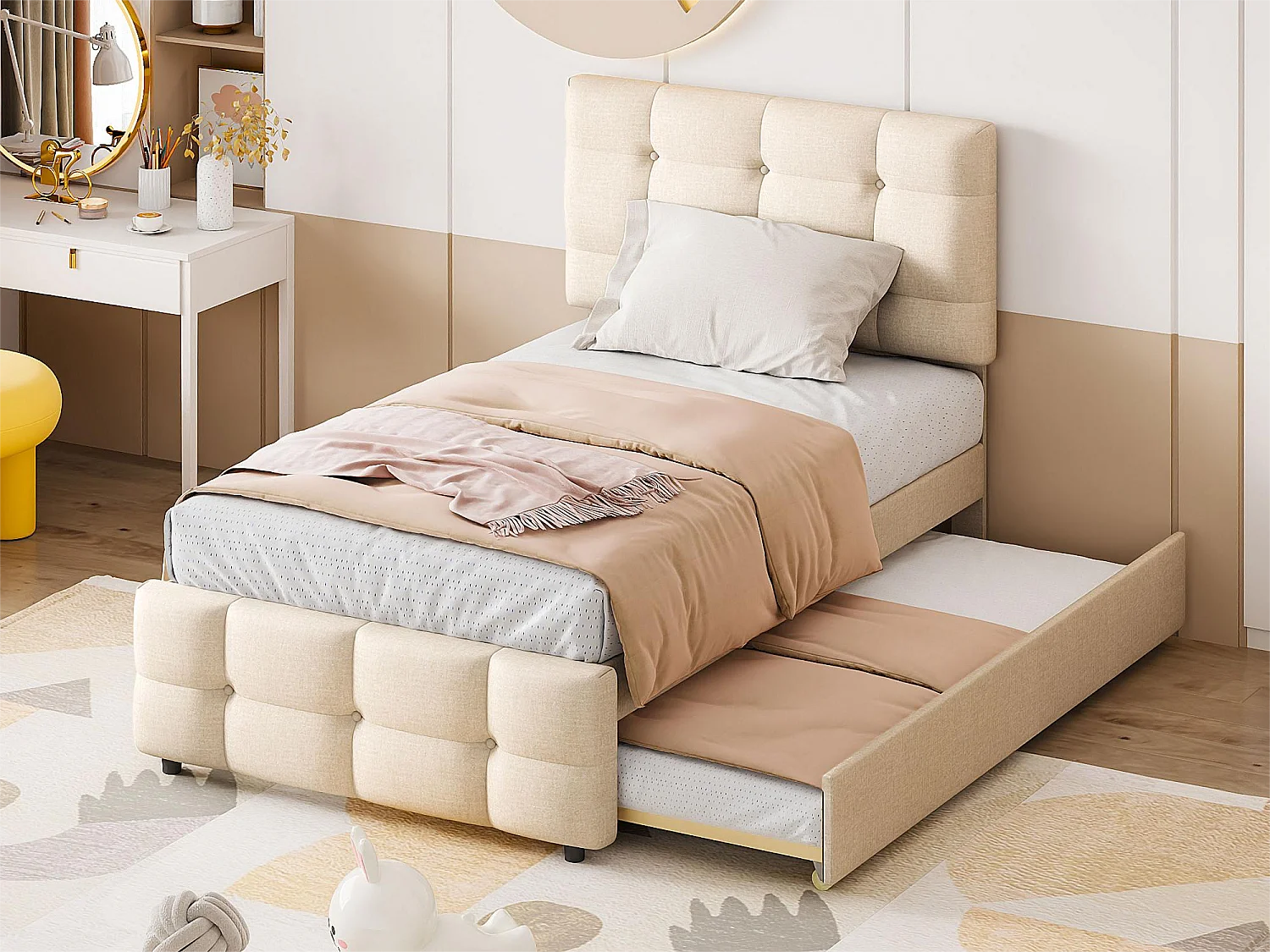 Cama com gavetão 90 x 190/200 cm - cabeceira ajustável - tecido de linho - para crianças - bege