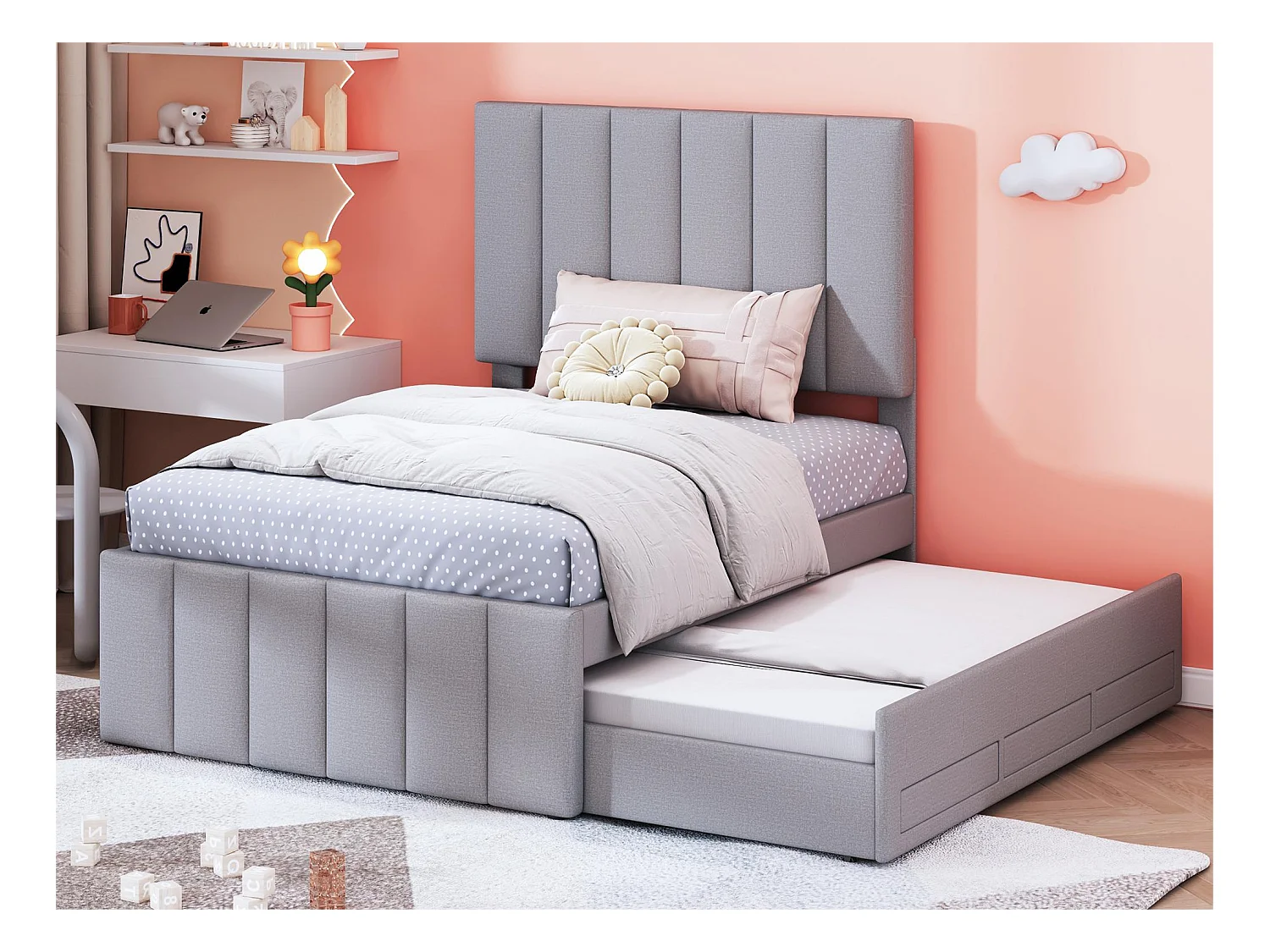 Lit gigogne 90 x 190/200 cm avec 3 tiroirs - tissu lin - sommier à lattes - gris