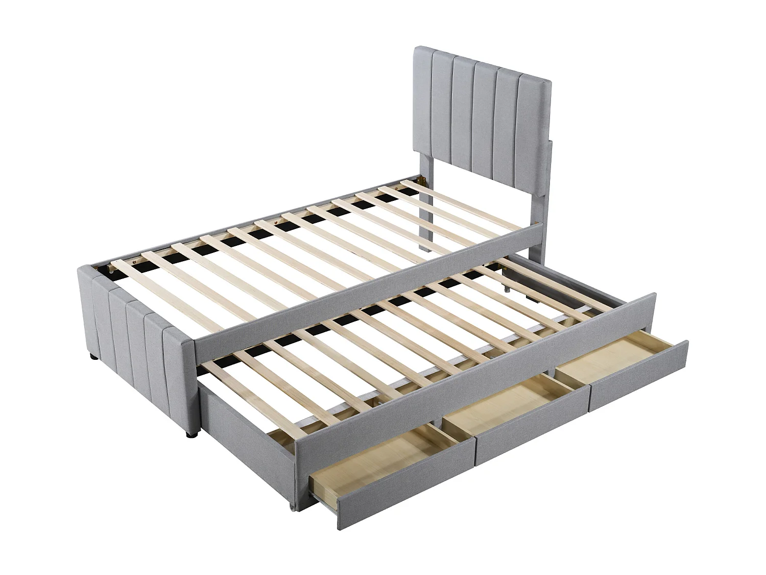 Onderschuifbed 90 x 190/200 cm met 3 lades - linnenstof - lattenbodem - grijs