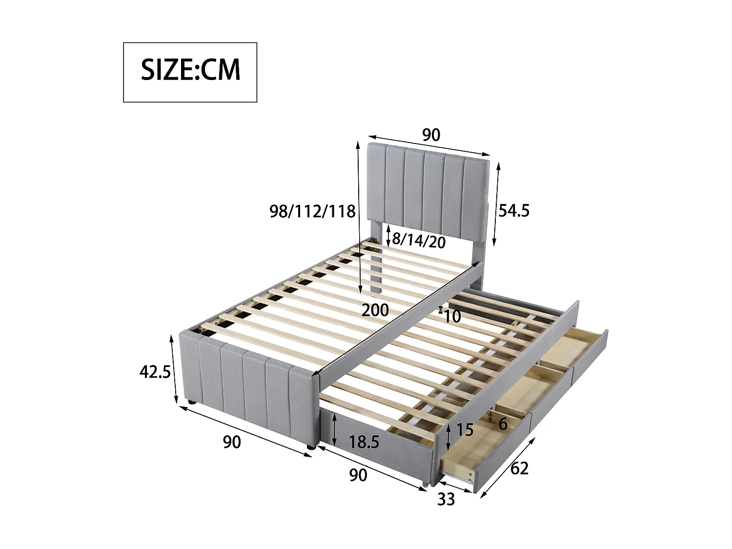 Onderschuifbed 90 x 190/200 cm met 3 lades - linnenstof - lattenbodem - grijs
