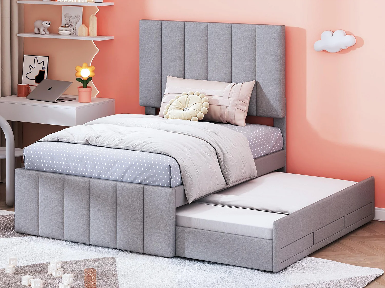 Rollbett 90 x 190/200 cm mit 3 Schubladen – Leinenstoff – Lattenrost – Grau