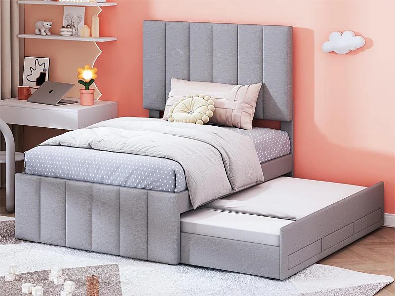 Lit gigogne 90 x 190/200 cm avec 3 tiroirs - tissu lin - sommier à lattes - gris